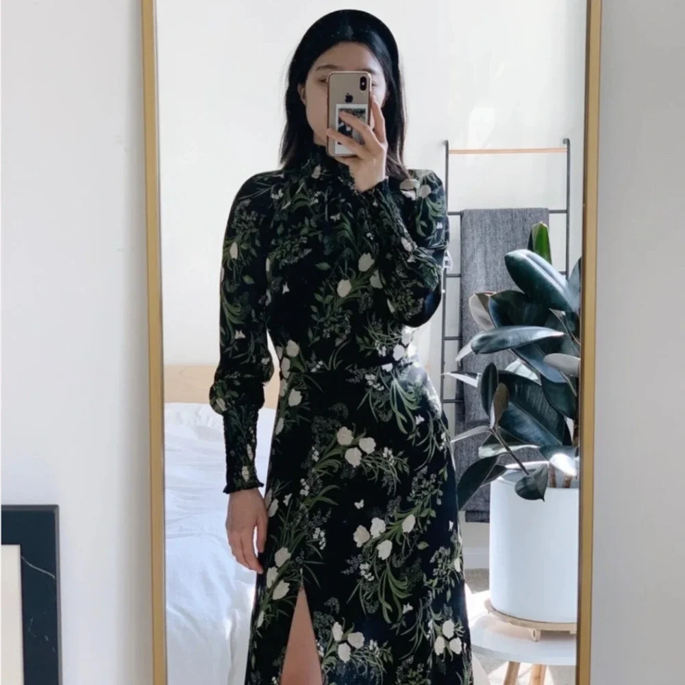 Reformation Valentin Midi Dress Black Floral Smocked High Neck Size Small 4 - Picture 7 of 8